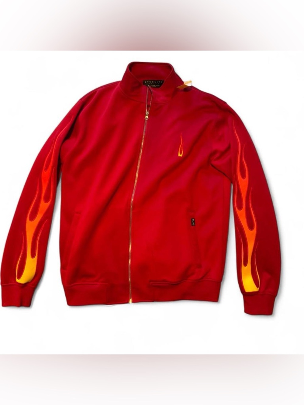 Red Flame-Accent Bomber Jacket with Gold Zip